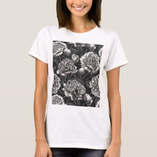 T-shirt Fleurs de pivoines blanches sur gris foncé