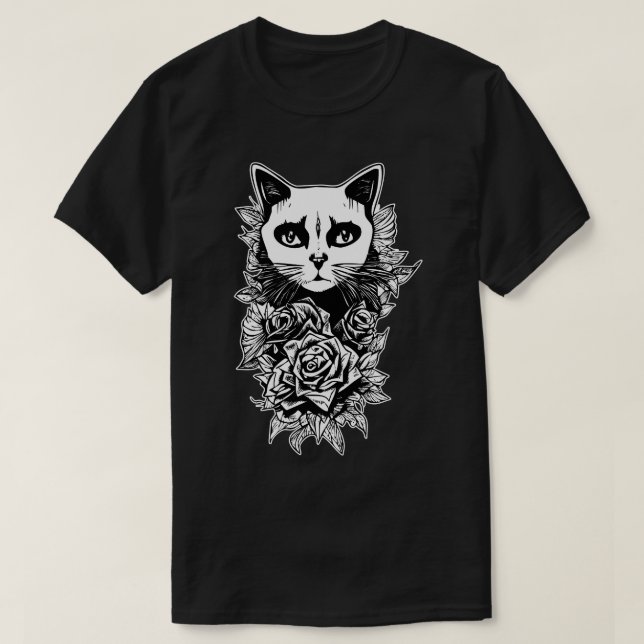 T-shirt Fleurs Et Chat Gothique (Design devant)