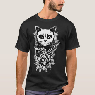 T-shirt Fleurs Et Chat Gothique