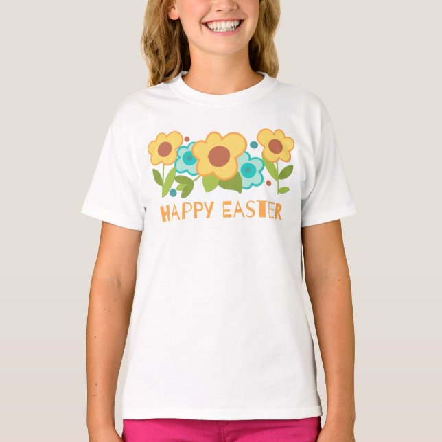 T-shirt Fleurs jaunes et bleues mignonnes Pâques (Devant)