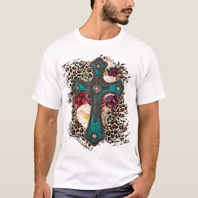 T-shirt Fleurs Léopard Occidental Croix Chrétienne Cowgirl (Devant)