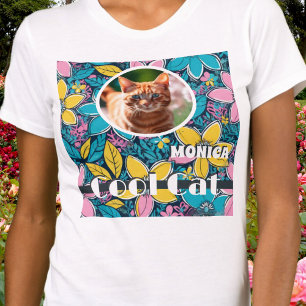T-shirt Fleurs Rétro Hippie Groovy Photo de Chat Chouette