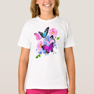 T-shirt Fleurs roses et bleues et papillon