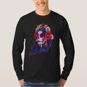 T-shirt Fleurs Rouges Crâne Mort Jour Du Mexicain Dia De L
