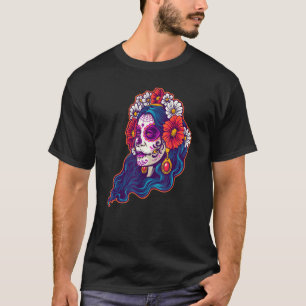 T-shirt Fleurs Rouges Crâne Mort Jour Du Mexicain Dia De L
