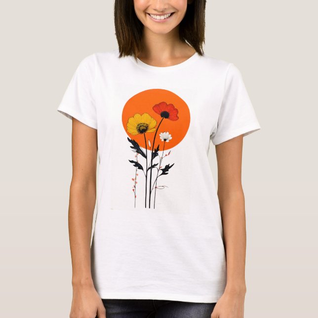T-shirt Fleurs rouges et jaunes avec soleil (Devant)
