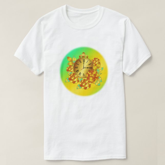 T-shirt Fleurs rouges et or et horloge antique (Design devant)