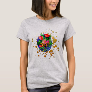 T-shirt Fleurs rouges, Feuilles verts et Arrière - plan do