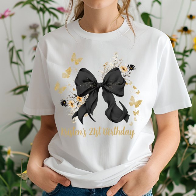 T-shirt Fleurs sauvages à ruban noir Coquette Anniversaire (Elegant Black Bow Wildflowers tshirt)