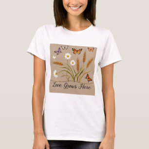 T-shirt Fleurs sauvages bohémiens, papillons, tiges de blé