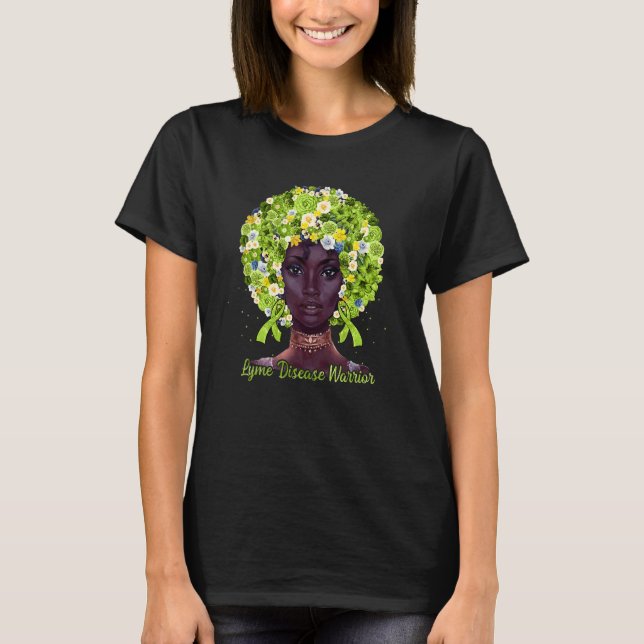 T-shirt Fleurs vertes Afro cheveux noir femme Lyme maladie (Devant)