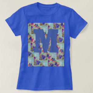 T-shirt Fleurs violettes et bleues Carrés Zigzags