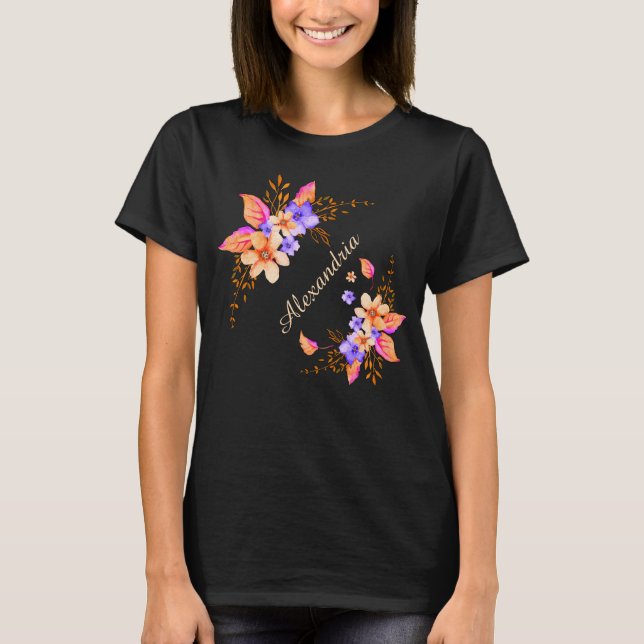 T-shirt Fleurs violettes jaunes Motif d'aquarelle Abstrait (Devant)