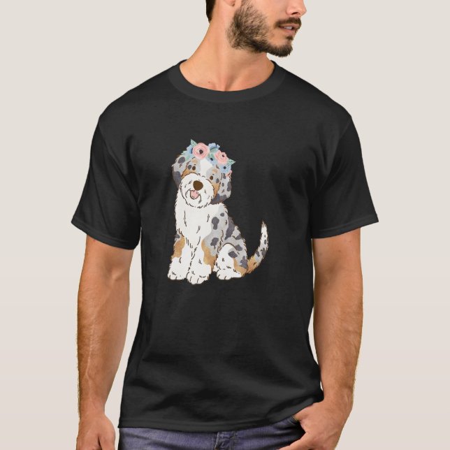 T-shirt Floral Blue Merle Aussiedoodle Aussie Doodle Maman (Devant)