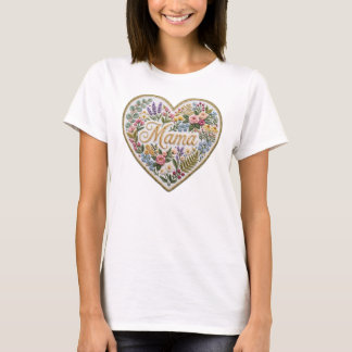 T-shirt Floral Faux Embroidery Heart Mama
