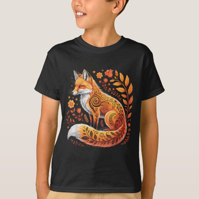 T-shirt Floral Fox Flowers Art Fox In Autumn - Fall Fox  (Devant)