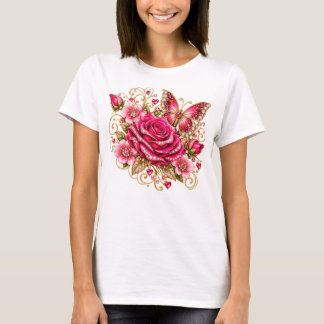 T-Shirt Floral Glam Papillon Rose Rose