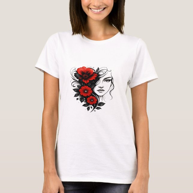 T-shirt Floral Ink Beauty – Red & Black Tattoo Art (Devant)
