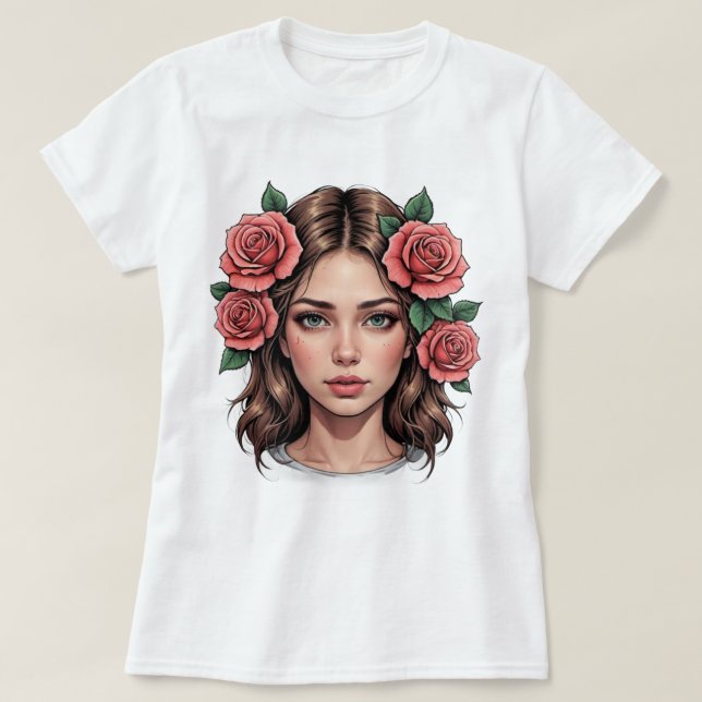 T-shirt Floral Muse - Rose artistique Portrait Tee (Design devant)