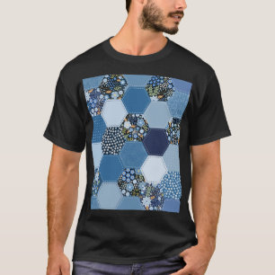 T-shirt Floral, patchwork de denim : motif bleu.
