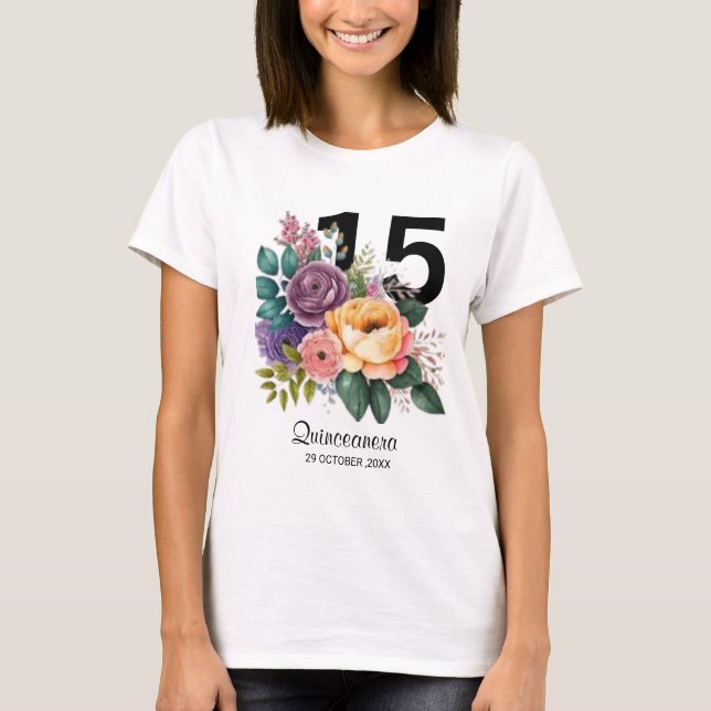T-shirt Floral Quinceanera 15e anniversaire (Devant)