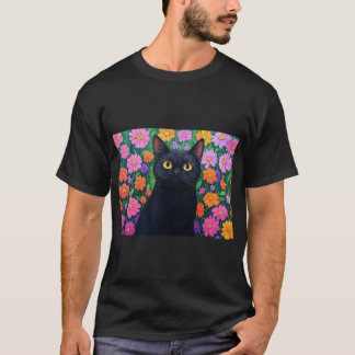 T-shirt Floral Serenity: The Black Cat