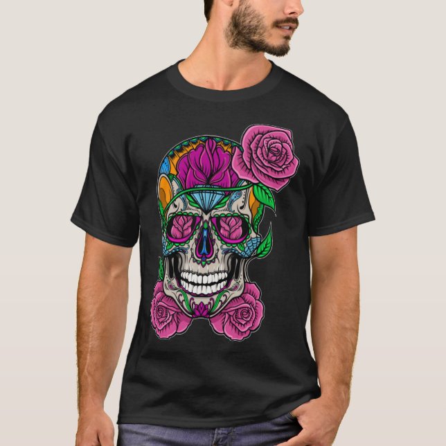 T-shirt Flower Skull Sugar Roses Floral Skeleton Cute Punk (Devant)