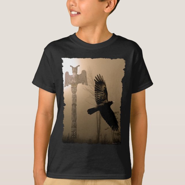 T-shirt Flying Crow & Mystical Totem Pole Art Tee (Devant)