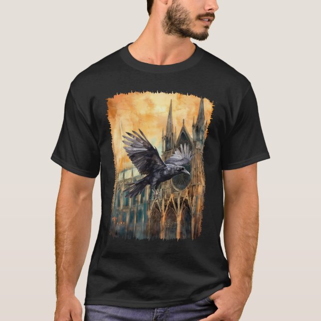T-shirt Flying Raven et la cathédrale gothique médiévale (Devant)