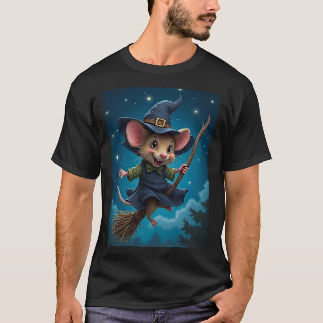 T-shirt Flying – Witch Mouse Halloween TinyFur Shirt (Devant)