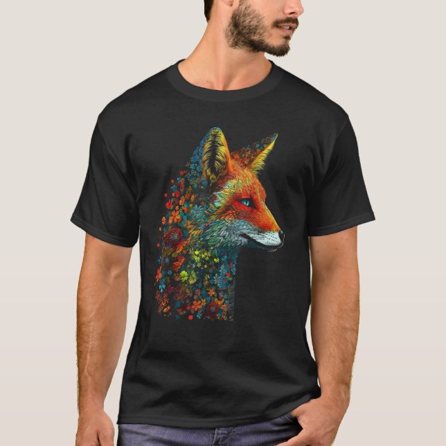 T-shirt Fox Colourful Flowers  Blue Eyes Animal Fox (Devant)