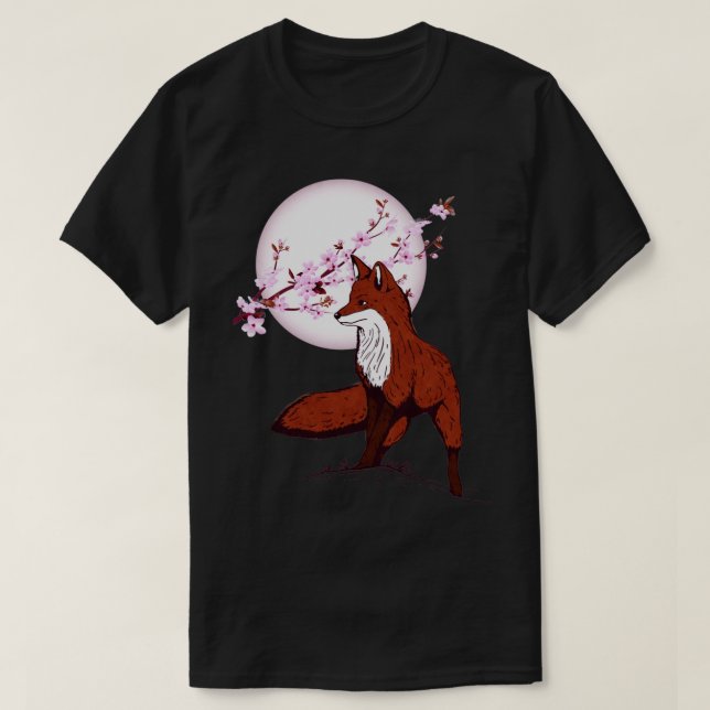 T-shirt Fox Moon Lune Fleurs de cerisiers Faune Nature (Design devant)