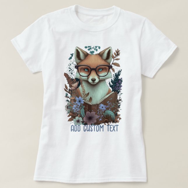 T-shirt Fox Reading Book, fleur sauvage, Fox Lover (Design devant)