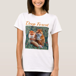 T-SHIRT FOXES ROUGES PARMI FEUILLES VERTS, FOLIAGE, FLEURS