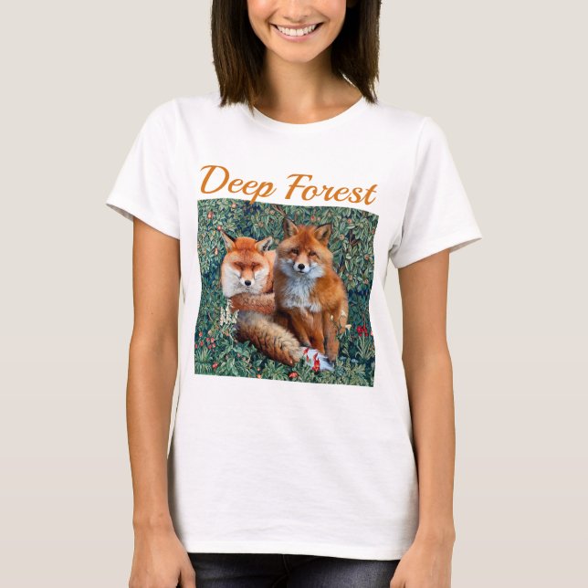 T-SHIRT FOXES ROUGES PARMI FEUILLES VERTS, FOLIAGE, FLEURS (Devant)