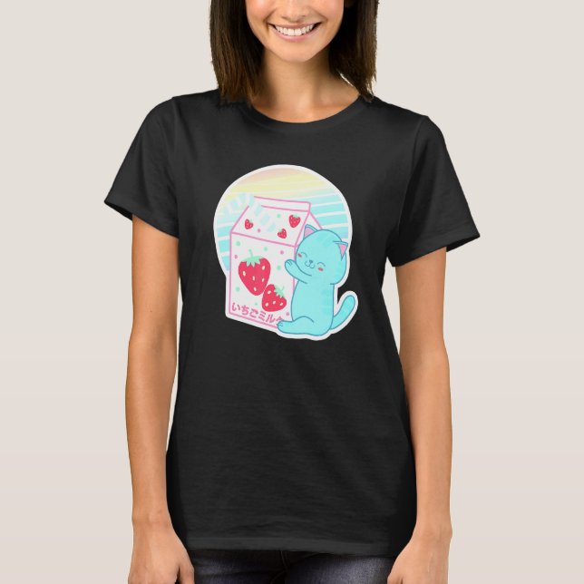 T-shirt Fraise Chat Vaporwave 90s Fraise japonaise M (Devant)