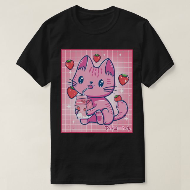 T-shirt Fraise Shake fraise Lait Chat Kawaii Neko G (Design devant)