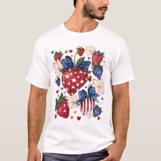 T-shirt Fraise USA Drapeau Patriotique Quatrième 4 juillet