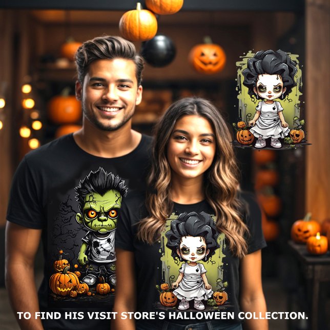 T-shirt Frankenstein et ses couples mariés (Halloween couples matching tee. Frankenstein and his bride visit store to find his.)