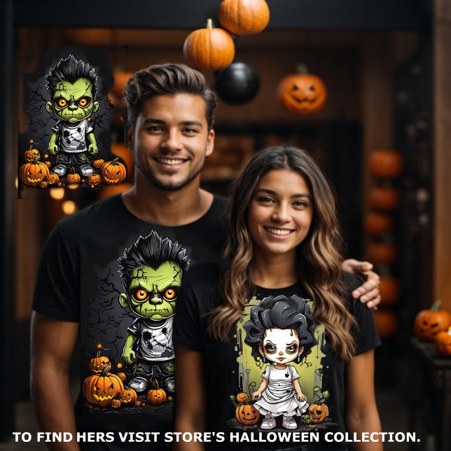 T-shirt Frankenstein et ses couples mariés (Halloween couples matching tee. Frankenstein and his bride visit store to find hers.)