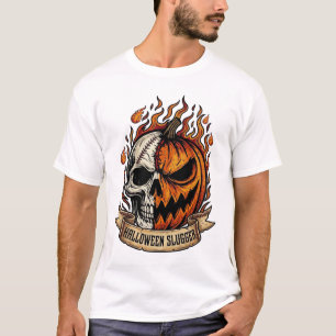 T-shirt Frappeur d'Halloween Crâne Brûlant Citrouille Flam