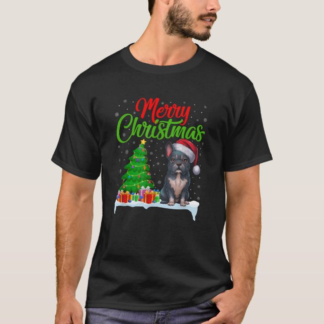 T-shirt Frenchie Chien Feux de Noël Lumières Noël Fréchie  (Devant)