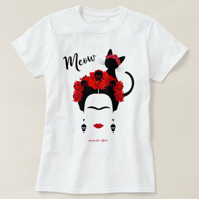 T-shirt Frida Kahlo portrait et mignonne meow Mexicain Cha (Design devant)
