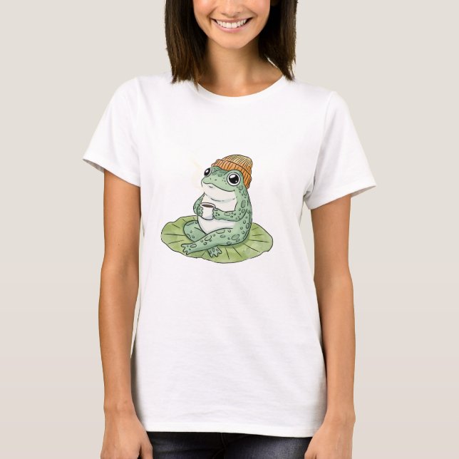 T-shirt Frog Cottagecore Drinking Coffee Illustration (Devant)