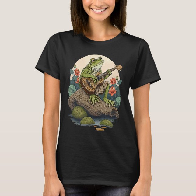 T-shirt Frog Playing Guitar  Frog Banjo On Log Aesthetic F (Devant)