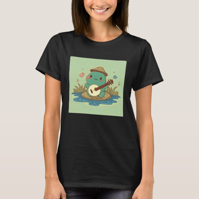 T-shirt Frog wearing cute hat playing banjo in pond with b (Devant)