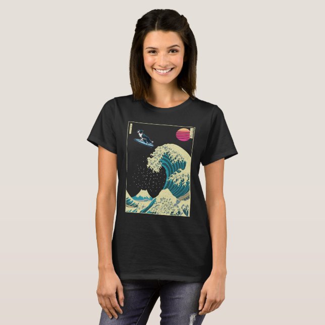 T-shirt Frontière Collie Chien surf sur une vague Kanagawa (Devant entier)
