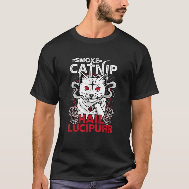 T-shirt Fumée Catnip Hail Lucipurr l Satanic Occult Cat (Devant)