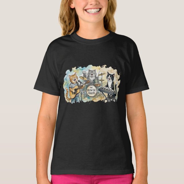 T-shirt Fun Cat Band Music Piano Drums Keyboard (Devant)