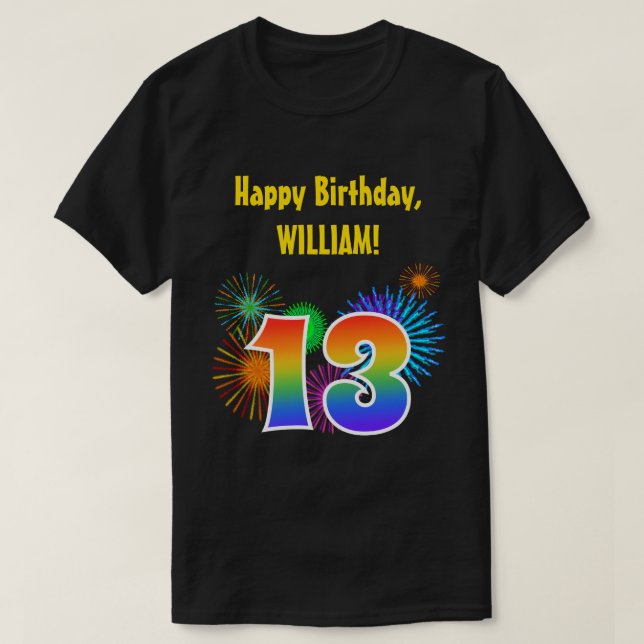 T-shirt Fun Fireworks + Rainbow Motif "13" Anniversaire # (Design devant)